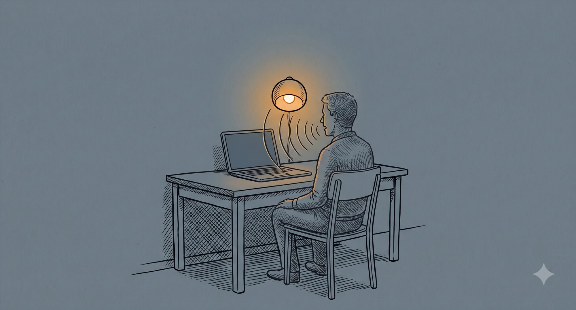 Ink illustration of a man at a desk at night, seen from behind, hands in his lap and head turned to an open laptop, speaking to it — four arcs travel from his mouth to the screen. A small lamp above the desk glows amber in an otherwise cool grey room.
