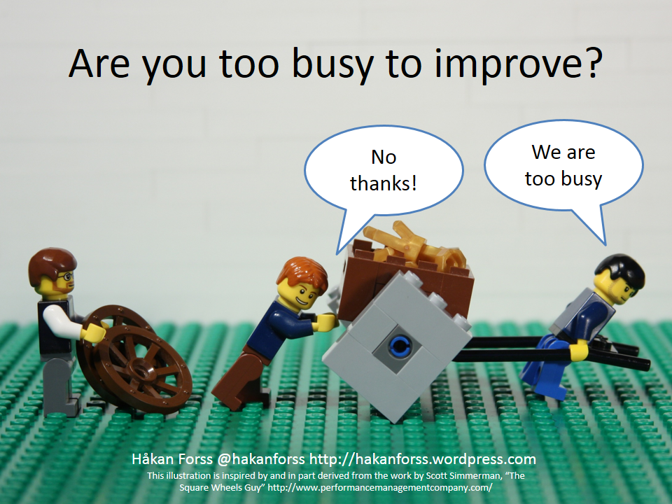 LEGO figures dragging a cart on square wheels, too busy to accept the round wheels being offered